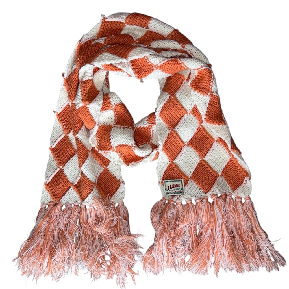 Hollister Orange and White Checkered Scarf with Fringe New